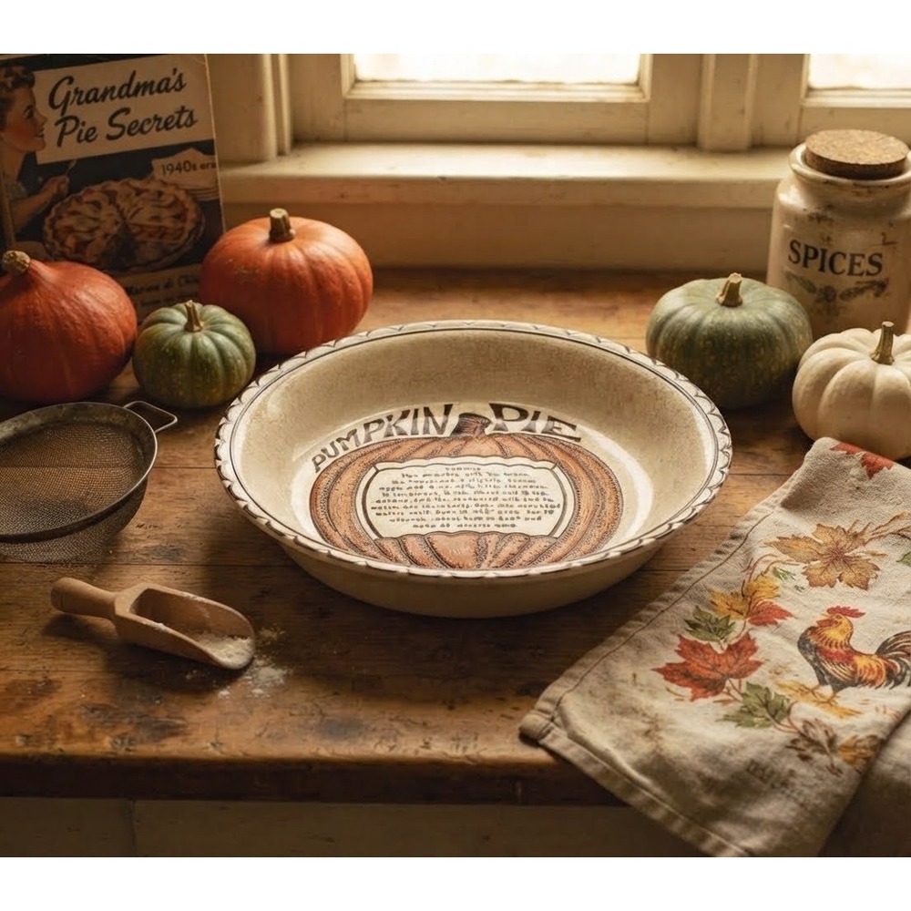 Vintage Pumpkin Pie Recipe Ceramic Baking Dish Scalloped Rim Farmhouse 10in